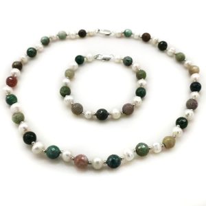 17 inches Natural White Pearl & Red Carnelian Necklace Jewelry Set