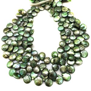 16 inches 13-18mm Dark Green Natural Side Drilled Coin Pearls Loose Strand