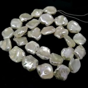 16 inches 12-15mm Natural White Irregular Flat Keshi Pearls Loose Strand