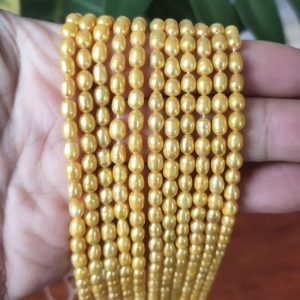 16 inches 4-5mm High Luster Yellow Gold Natural Rice Pearls Loose Strand