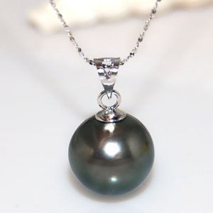 16-18 inches Adjustable 18K Solid Gold AAA Black Round Tahiti Pearl Pendant Necklace