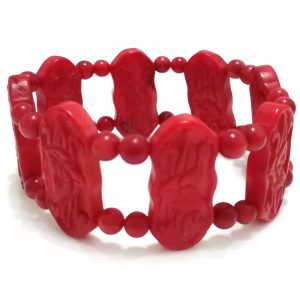 7 inches 15x30mm Elastic Red Flower Carved Natural Coral Bracelet