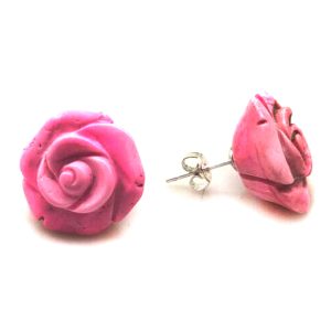 Wholesale 20mm Pink Turquoise Rose Flower Carved 925 Silver Stud Earring