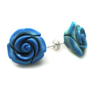 Wholesale 20mm Blue Turquoise Rose Flower Carved 925 Silver Stud Earring