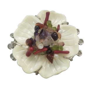 40mm Triple Row Natural Gray Gemstone Chips and White Flower Carved Shell Clasp