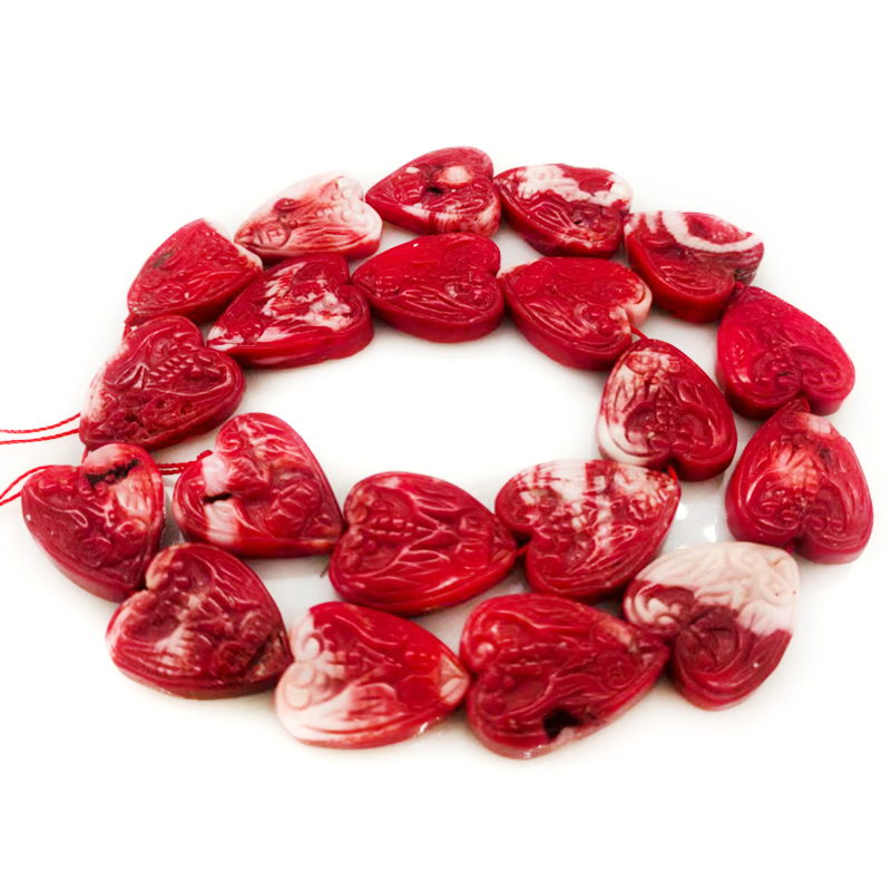 16 inches 18-22mm Red Heart Shaped Flower Carved Natural Coral Beads Loose Strand