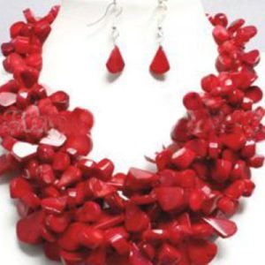 16-18 inches Red Irregular Seed Shaped Coral Beaded Necklace Jewelry Set