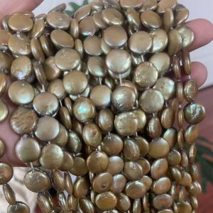 Wholesale 16 inches 11-13mm Dark Green Natural Round Coin Pearls Loose Strand