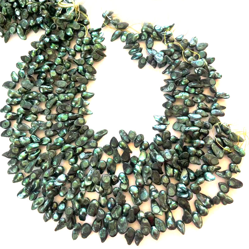 16 inches 8-13mm Peacock Green Natural Side Drilled Blister Pearls Loose Strand