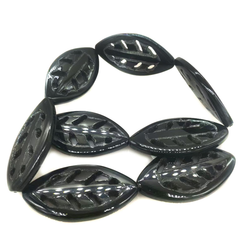 Wholesale 16 inches 5x25x50mm Leaf Carved Black Onyx Beads Loose Strand